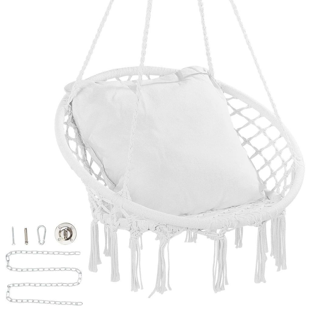 Hanging Hammock Swing Chair 330 lbs Macramé Hanging Chair Cotton Rope Swing Chair for Bedroom Balcony Patio Garden White