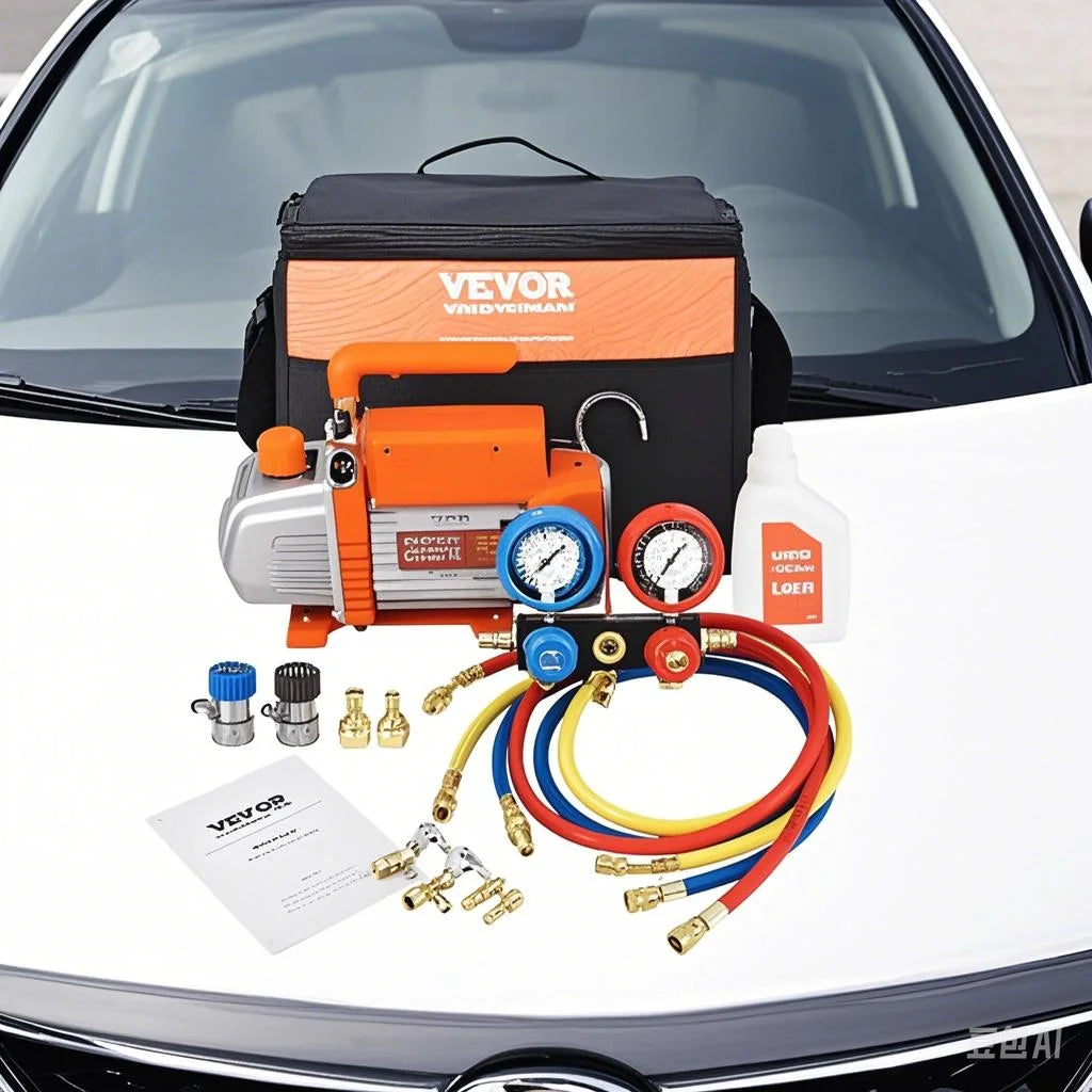3.5/4.5CFM Single Stage Rotary Vane HVAC Air AC Vacuum Pump & A/C Refrigerant Kit Manifold Gauge Set for Car Repair ﻿