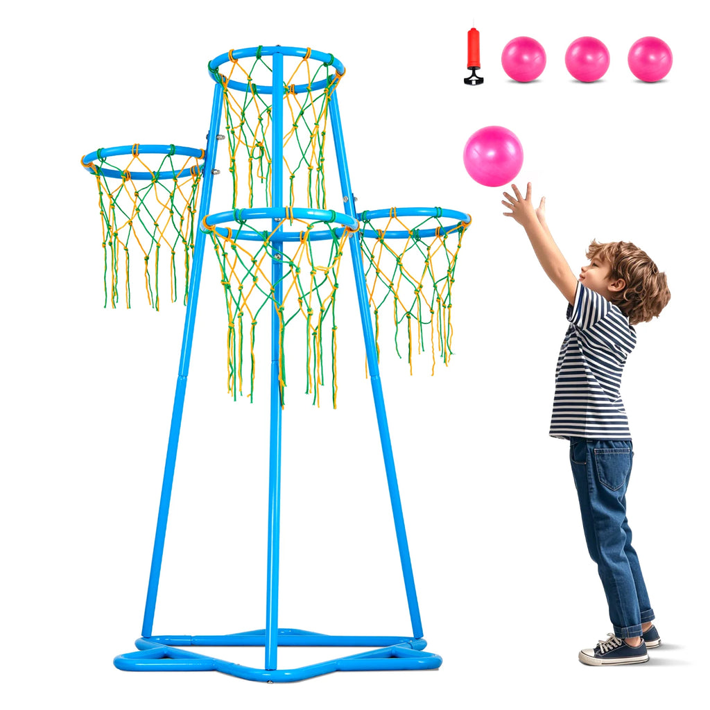 4-Hoop Kids Basketball Hoop Stand with Adjustable Heights & 3 Balls for Boys & Girls Indoor Outdoor Basketball Sport Toys
