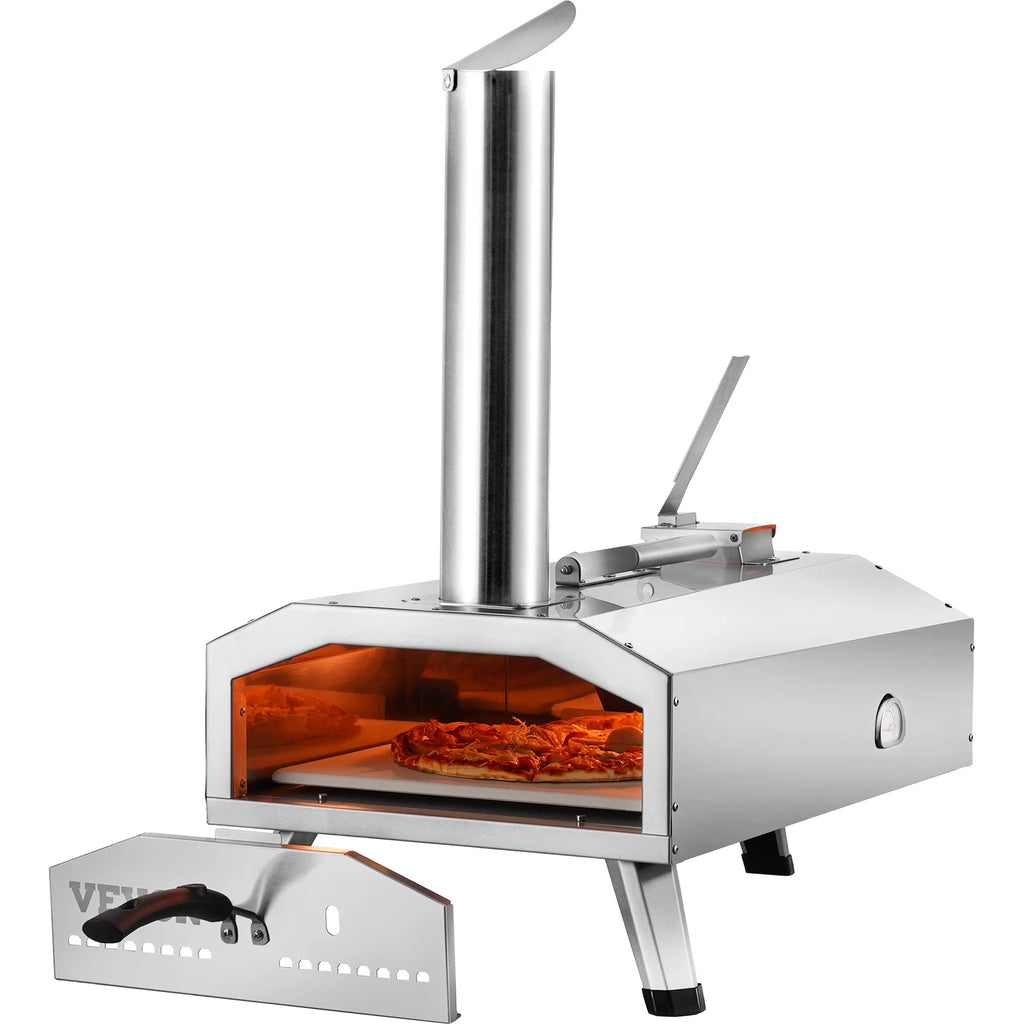 Portable Outdoor Oven, 12-inch Pizza Oven, Pellet & Chips & Charcoal Tri-Fuel, Stainless Steel Pizza Grill, w/ Pizza Stone
