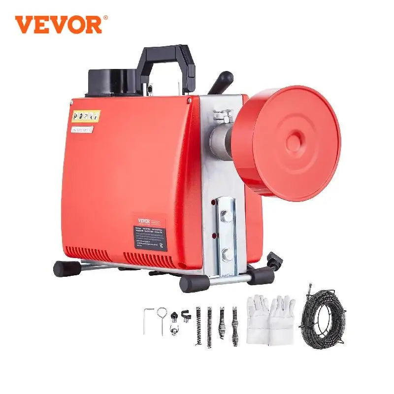 Drain Cleaner Machine 250W Electric Sewer Snake Auger Manual Feed with 7 Cutters 2 Steel Cables CW/CCW Control for Homeuse