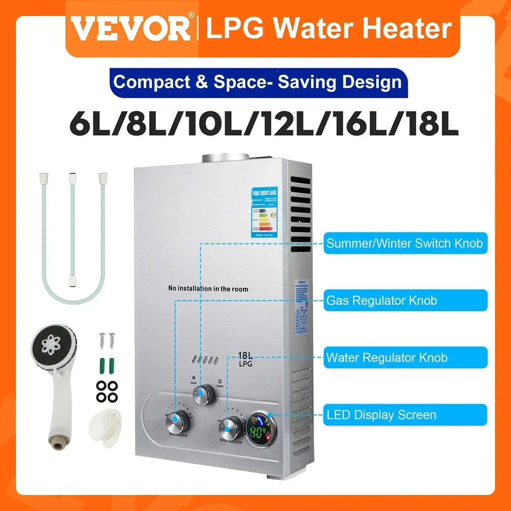 LPG Water Heater 6L 8L 10L 12L 16L 18L LPG Liquefied Petroleum Gas Propane Butane Water Heater Stainless Steel Boiler Kit