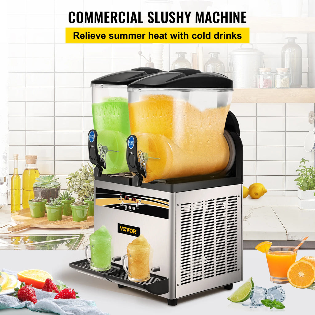 Commercial Slushy Machine 15Lx2 Tank Margarita Maker 1000W Stainless Steel Smoothie Frozen Drink Maker for Supermarkets