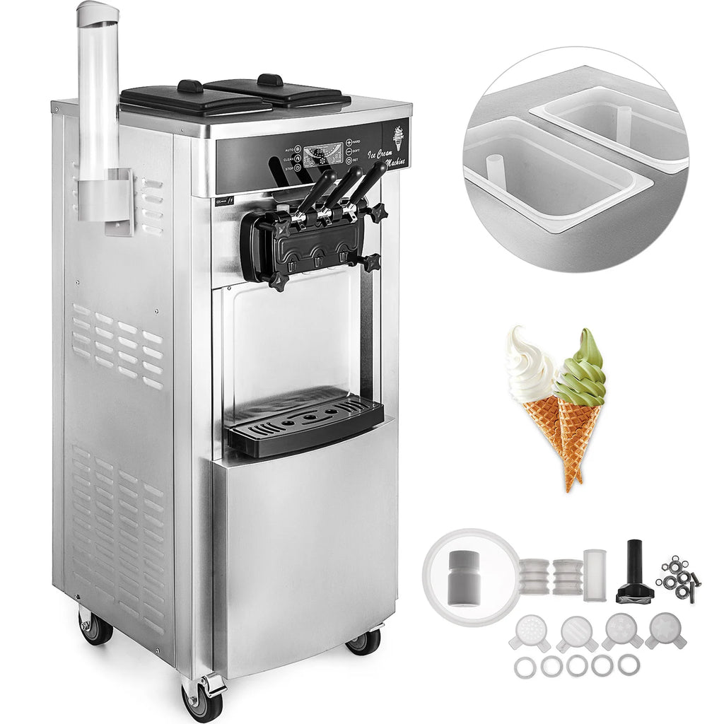 Commercial Soft Ice Cream Machine,2200W 3 Flavors Ice Cream Maker,5.3 to 7.4 Gal per/H Auto Clean LCD Panel for Restaurant