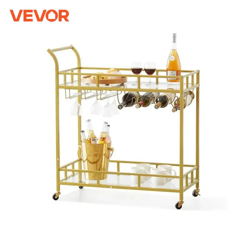 Bar Cart Gold Home Bar Serving Cart on Lockable Wheels with Tempered Glass Shelves for Home Kitchen Dining and Living Room