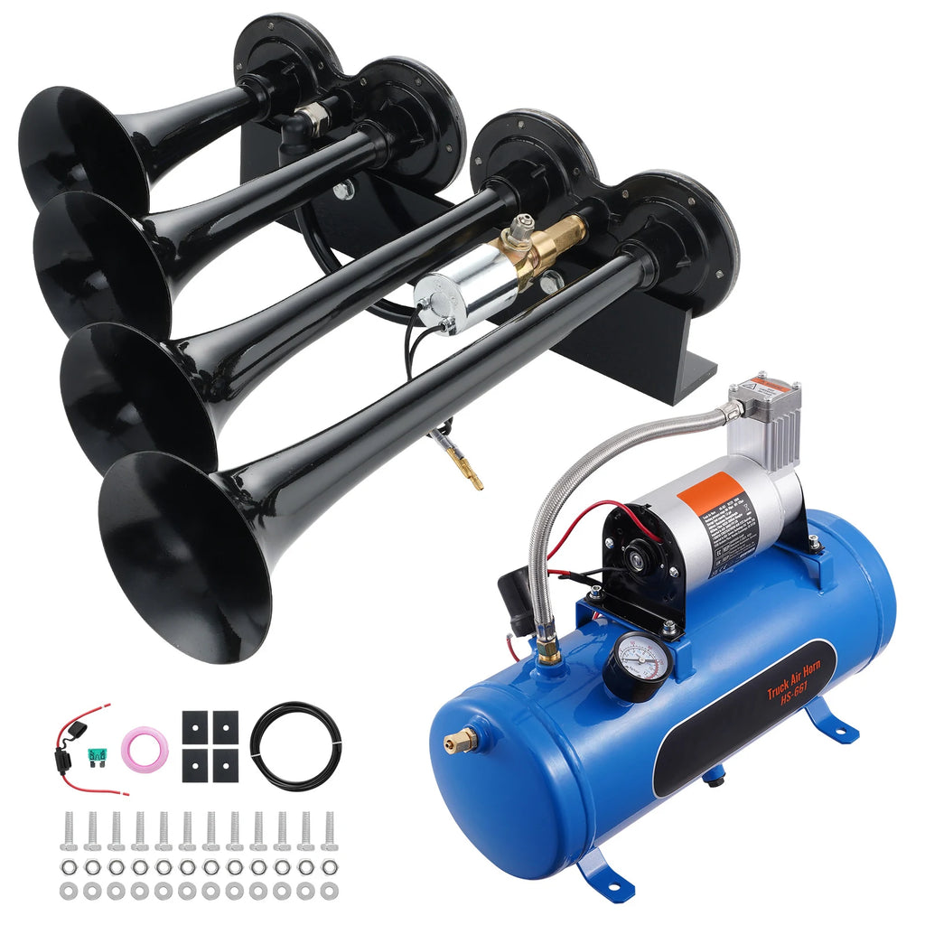 4 Trumpet Air Horn Kit 12V 120 psi Air Compressor 1.6 Gal/6 L Tank with Gauge for Any 12V Vehicle Car Truck Train Van Boat