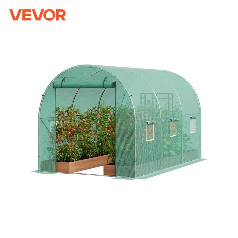 Walk-in Tunnel Greenhouse Hoop House Greenhouse Tunnel Plant Hot House with Steel Frame Green PE Cover Roll-up Zipper Door