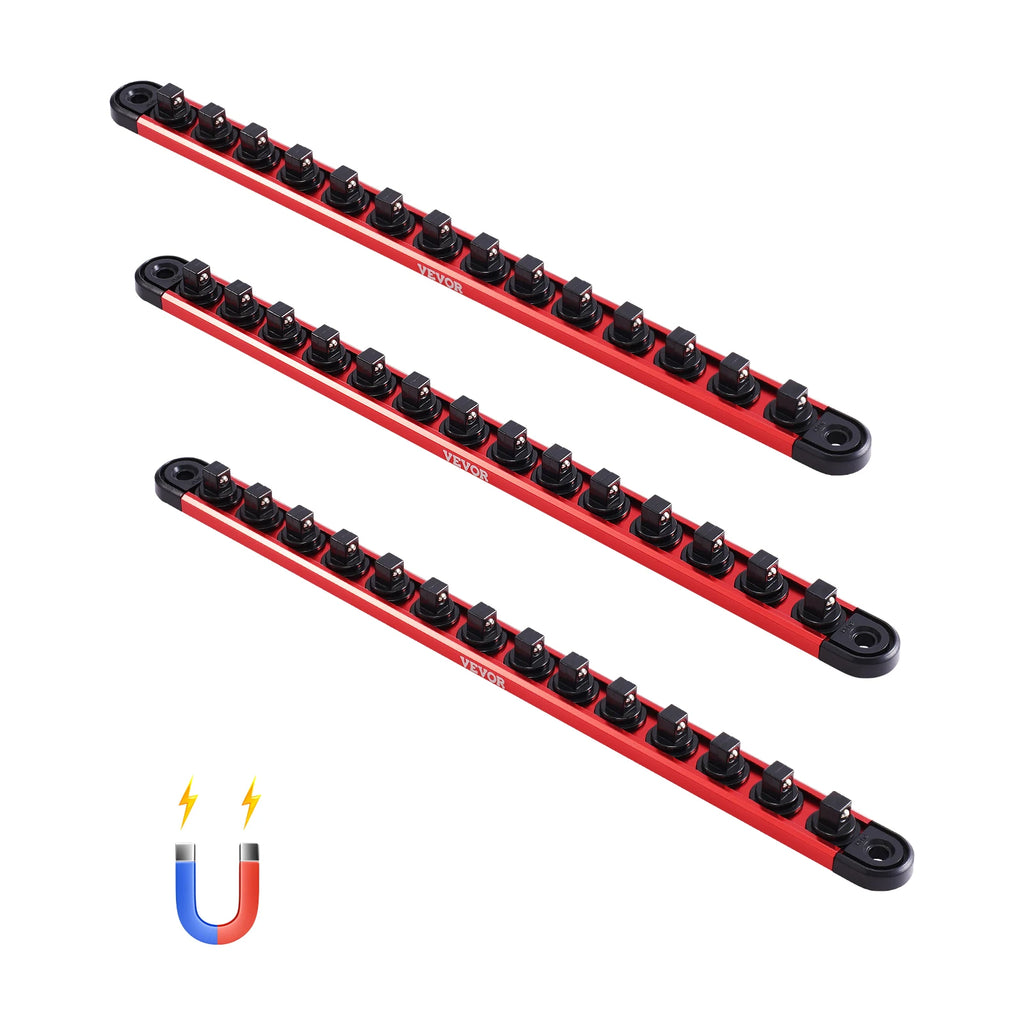 3PCS Magnetic Socket Organizer Rail Set Metric & SAE Aluminum Socket Holder 1/4'' 3/8'' 1/2'' with 360° Clips for Tool Box