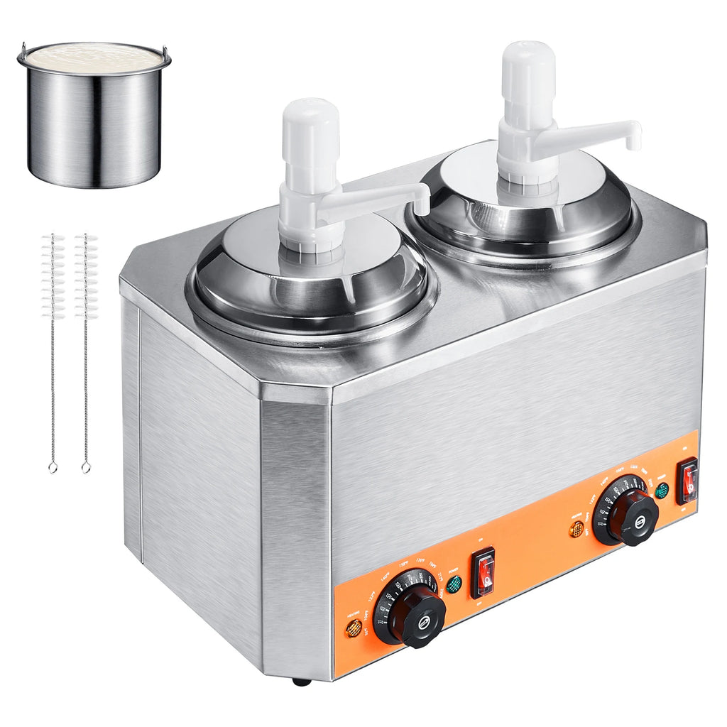 Electric Cheese Dispenser with Pumps 2.3x2 Qt Commercial Hot Fudge Warmer Plastic Double Pumps Dispenser