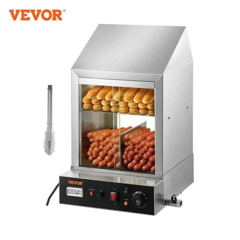 2-Tier Hot Dog Machine for 200 Hotdogs & 42 Buns Electric Bun Warmer Cooker with Rotary Knob Temp Display 7.5 L Water Tank