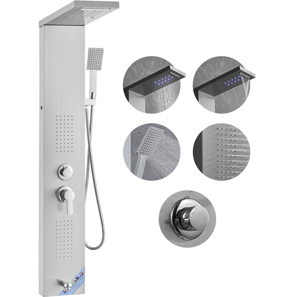 LED Shower Panel System Bathroom Waterfall Rain Shower Stainless Steel Wall-Mounted Shower Set W/Body Massage Jets 5 Modes