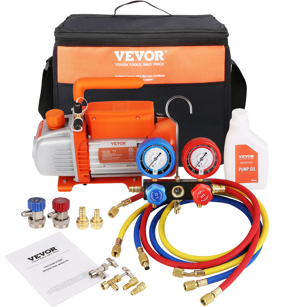 Vacuum Pump 1/5HP 3.5CFM Vacuum Pump and Manifold Gauge Set HVAC Single Stage Air Vacuum Pump for A/C Refrigerant Kits