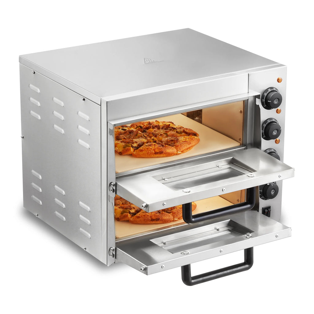 Commercial Pizza Oven Countertop, 14" Double Deck Layer, Stainless Steel Electric Pizza Oven with Stone and Handle