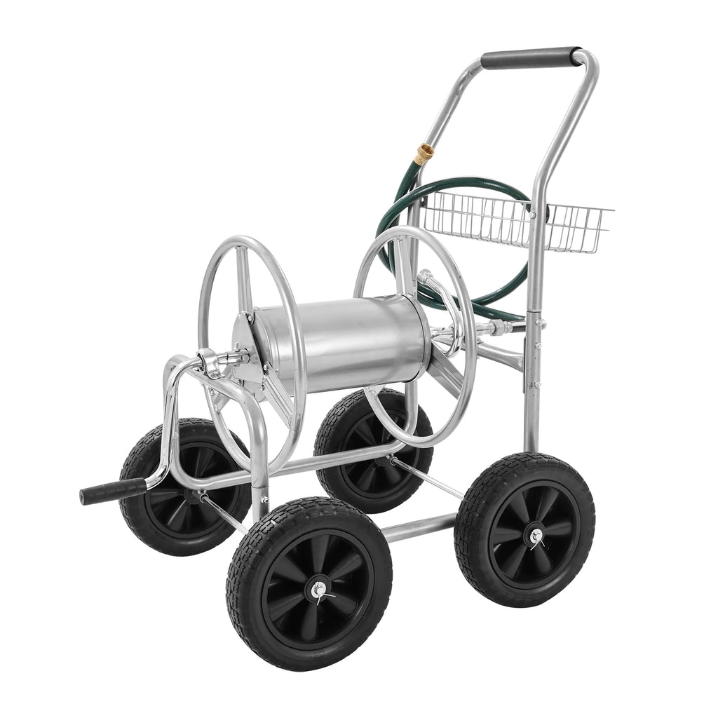 Hose Reel Cart 250ft Heavy Duty Garden Water Yard Planting w/ Basket Effortless Roll-up Hose Versatile Application Steel