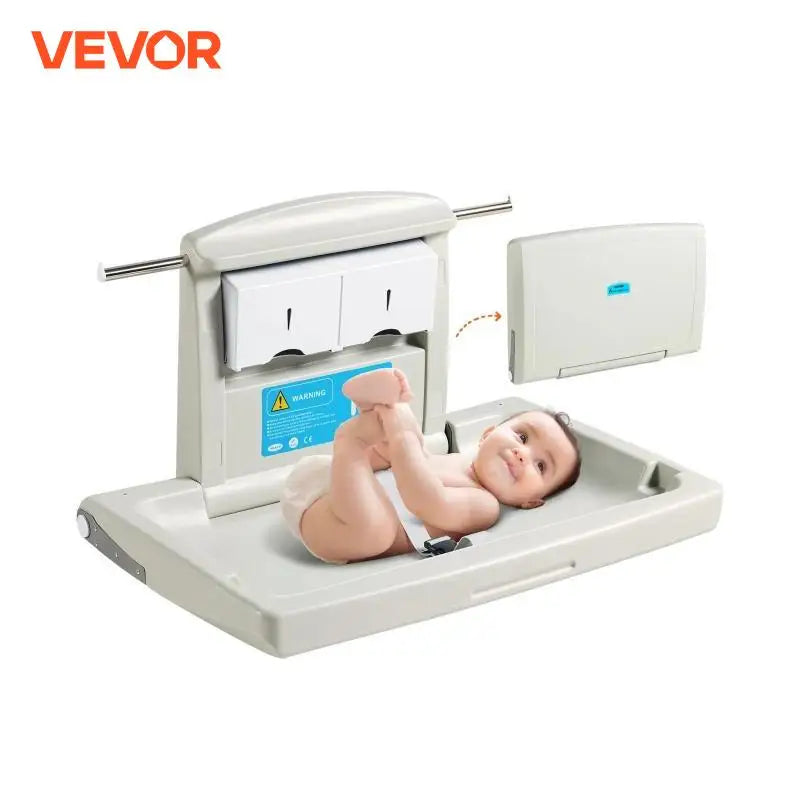 Wall-Mounted Baby Changing Station Horizontal Foldable Diaper Change Table w/ Safety Straps and Hanging Rods for Newborns
