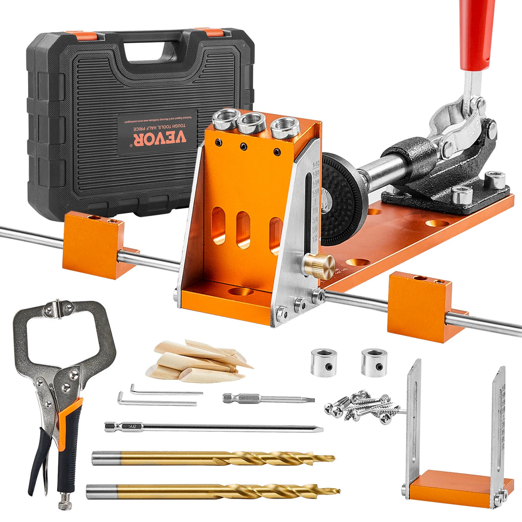 Pocket Hole Jig Kit 34 Pcs Pocket Hole Jig System with 11" C-clamp Fixture Step Drills Wrenches Drill Stop Rings Toolbox