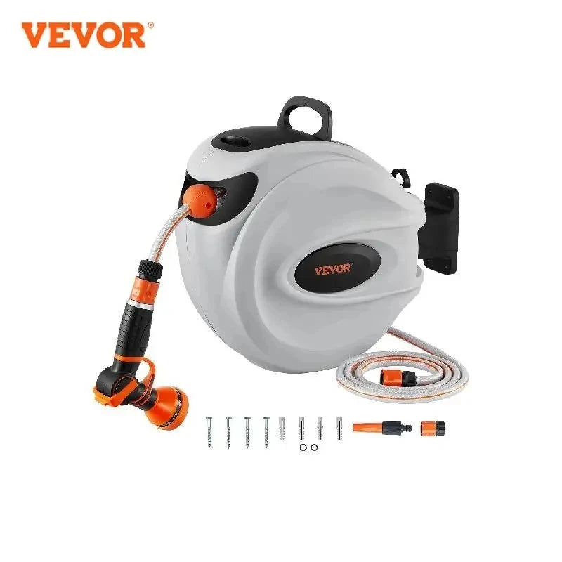 Retractable Hose Reel1/2 inch 180° Swivel Bracket Wall-Mounted Garden Water Hose Reel with 9-Pattern Nozzle and 3 Fast