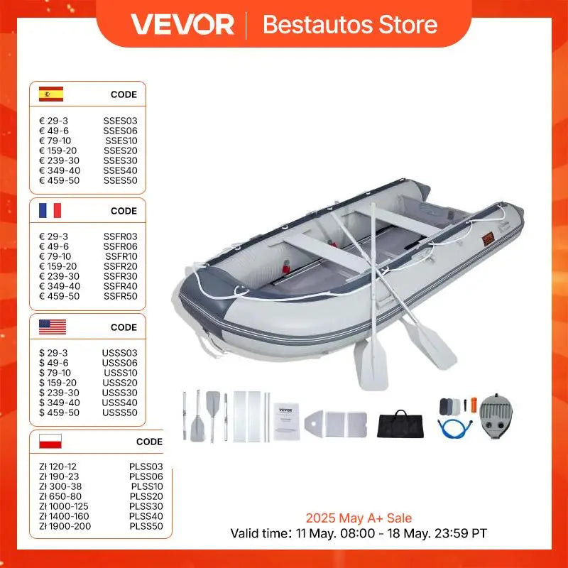 Inflatable Dinghy Boat 6-Person Transom Sport Tender Boat Marine Wood Floor and Adjustable Aluminum Bench Oars Air Pump