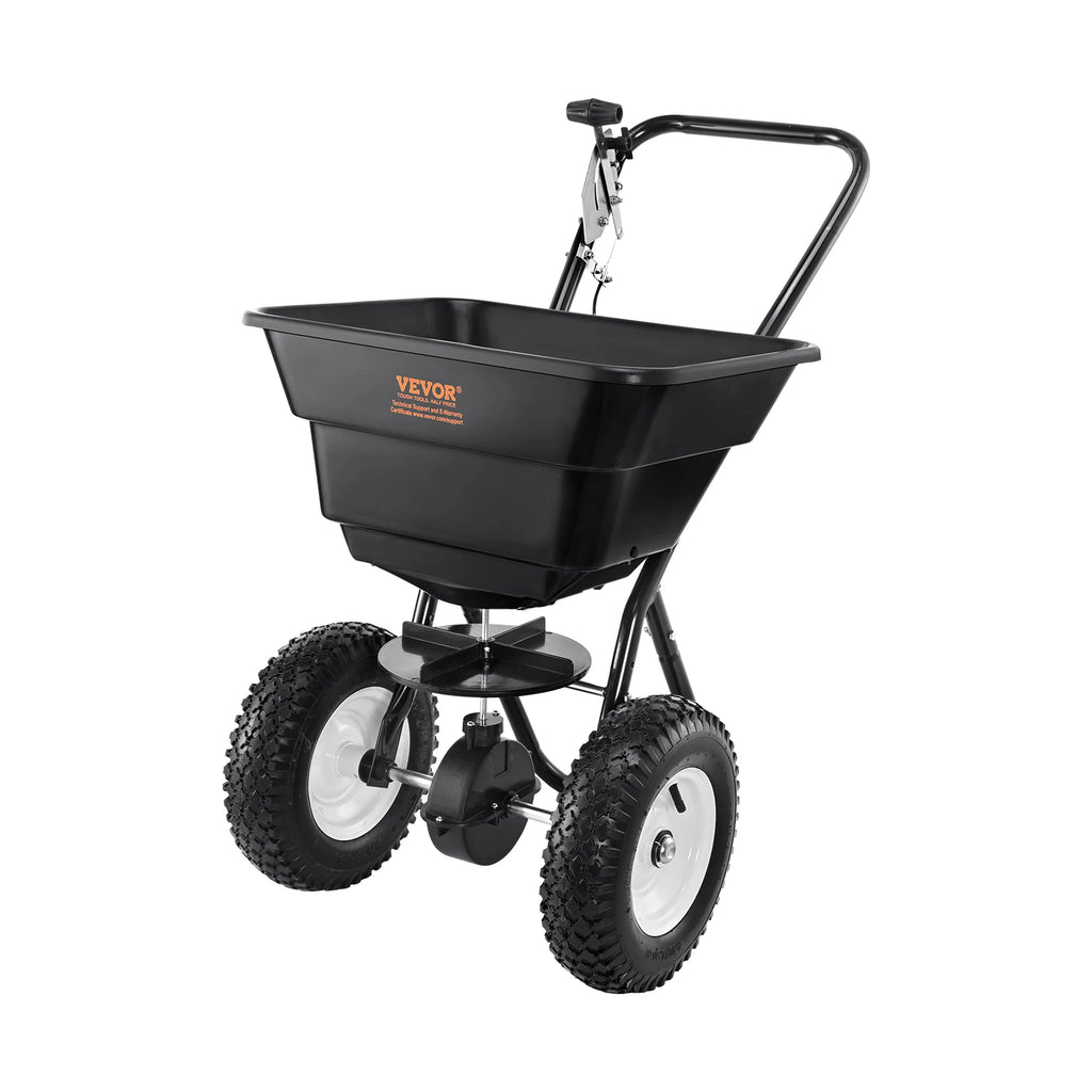 Broadcast Spreader 100 LB 10inch Wheels Steel Spike Aerator For Residential Farm Tough Terrain Black