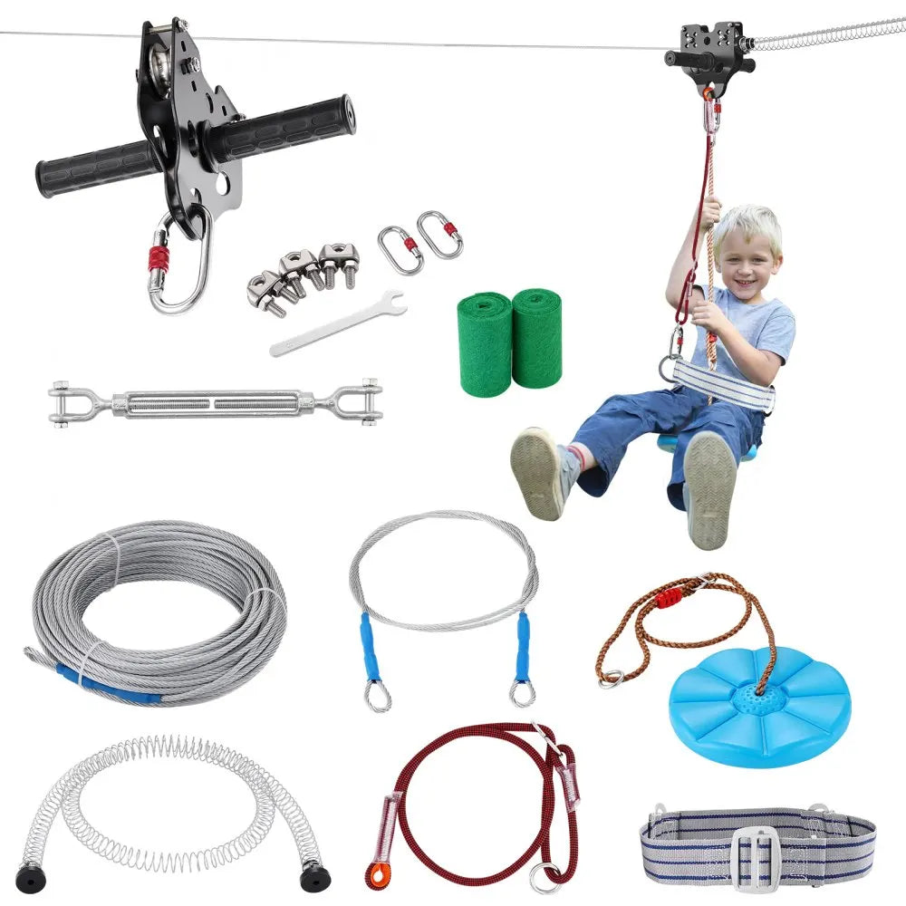 60/80/100/120 FT Zipline Kit Up to 500 lbs Backyard Outdoor Playground Entertainment Stainless Steel Safety Harness Seat