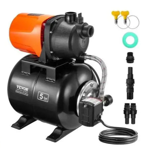1 HP Shallow Well Pump with Pressure Tank 1000 GPH 5 Gal Tank Automatic Irrigation Water Booster Pump for Home Garden Lawn