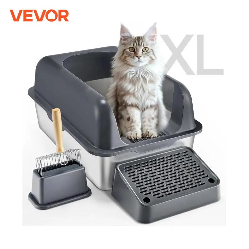 Cat Litter Box 6 inches Deep Extra Large Stainless Steel Cat Litter Box with Scoop Wide Filtering Foot Board & High Sides