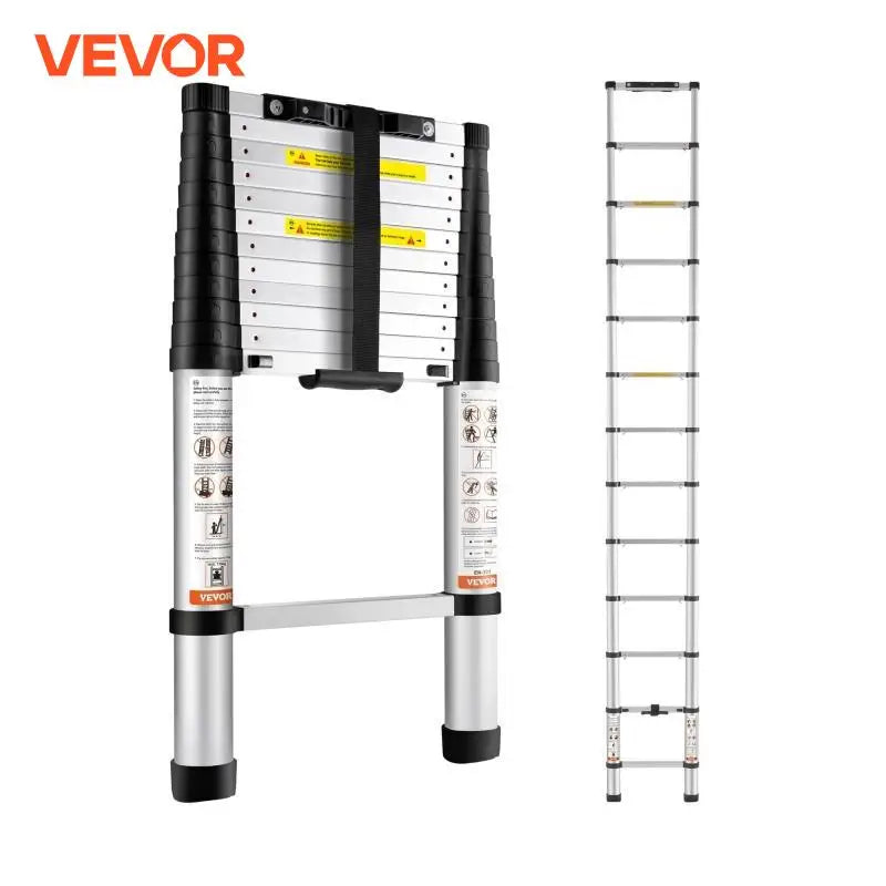 Telescoping Ladder 12.5 FT Aluminum One-Button Retraction Collapsible Extension 375 LBS Capacity w/Non-Slip for Home RV