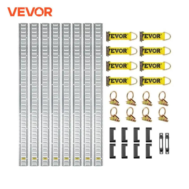 Universal E-Track Tie-Down Rail Kit W/ 8 Steel Rails 2 Single Slots 8 O-Rings 8 Tie-Offs Trailer Car Securing Accessories