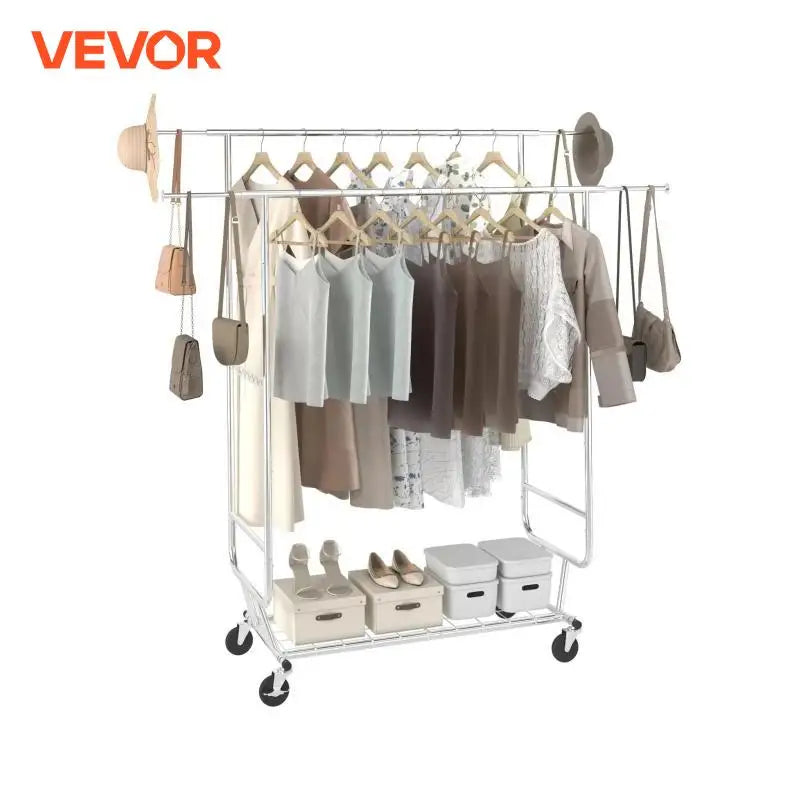 Clothing Garment Rack Heavy Duty Clothes Rack Adjustable Length Clothes Rack w/ Bottom Shelf & Wheels for Laundry Room