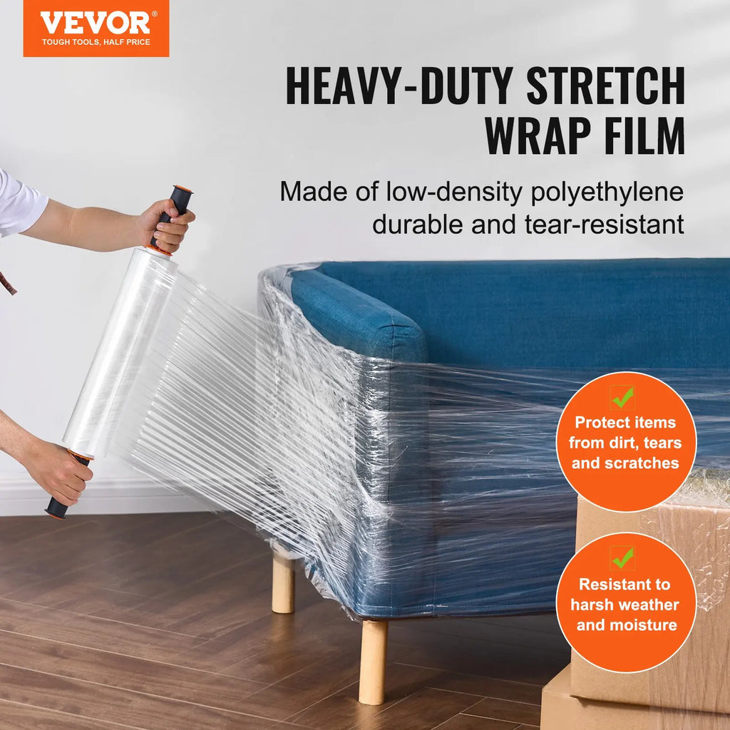 Stretch Wrap 15'' x 1000/1200 ft 1-4 Pack, 60/80 Gauge Heavy-Duty Shrink Film with Handles for Pallet Wrapping