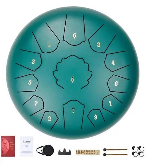 A 12-inch VEVOR Steel Tongue Drum in dark navy color with 13 notes, displayed with pricing in different currencies and a promotional code. The product is advertised with a 'Tools Store' category, indicating it's on sale.