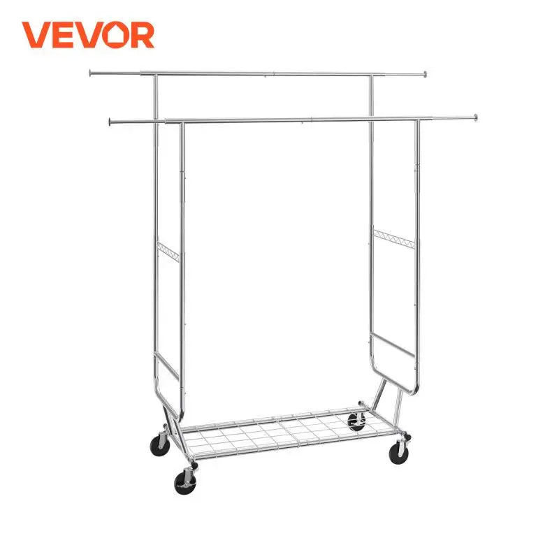 Clothing Garment Rack Heavy Duty Clothes Rack Adjustable Length Clothes Rack w/ Bottom Shelf & Wheels for Laundry Room