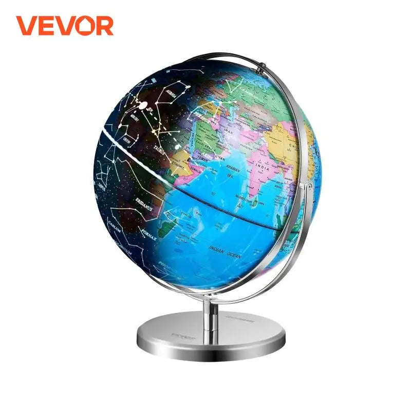Illuminated World Globe with Stand 9 in/228.6 mm Stable Heavy Metal Base and LED Constellation Night Light HD Printed Map