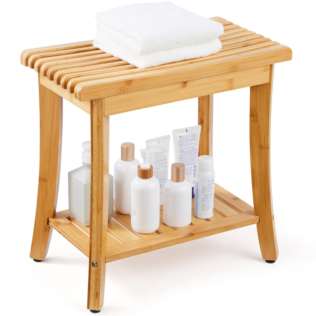Bamboo Shower Bench 19.1 x 11.3 x 18.3 in Waterproof Shower Stool Chair with Storage Shelf 330lbs Load Capacity Spa Seat