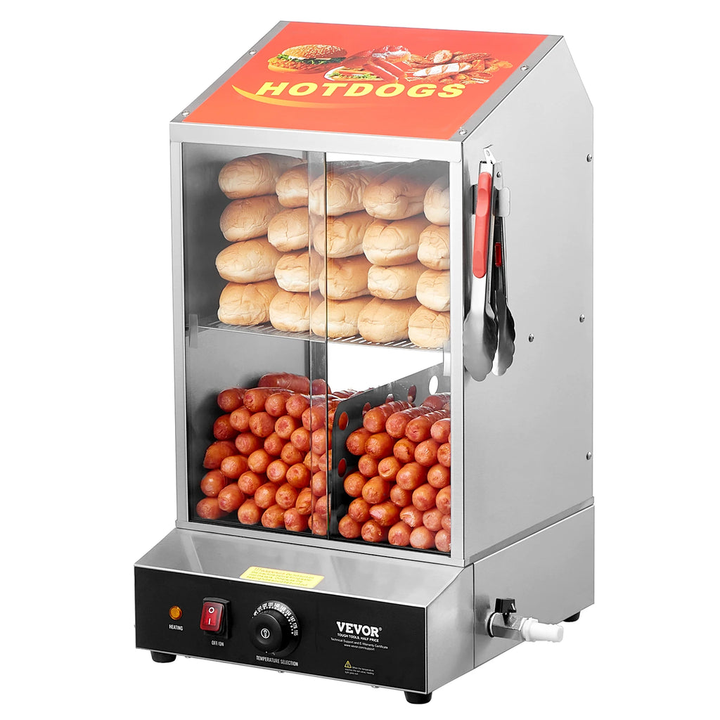 Hot Dog Steamer, 39QT, 2-Tier Hot Dog Hut Steamer, 86℉~185℉ Temp Control, Electric Bun Warmer w/Tempered Glass Slide Doors