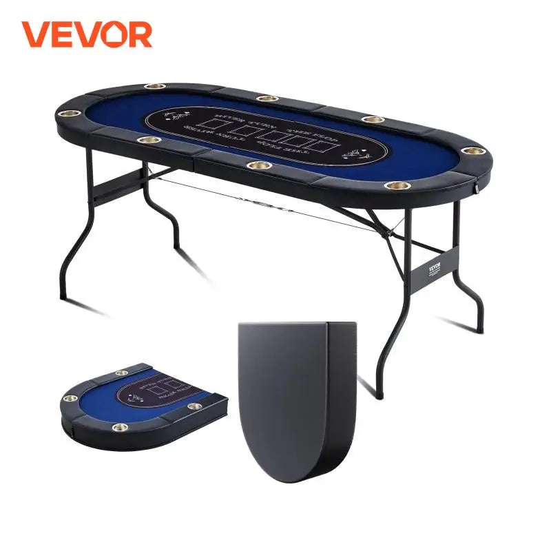 8 Player Foldable Poker Table Blackjack Texas Holdem with Padded Rails and Stainless Steel Cup Holders Blue