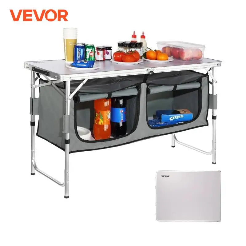 Folding Picnic Table Kitchen Camping Cupboards Aluminum Suitcase Table W/ Storage Bag Adjustable Height for Outdoor Garden