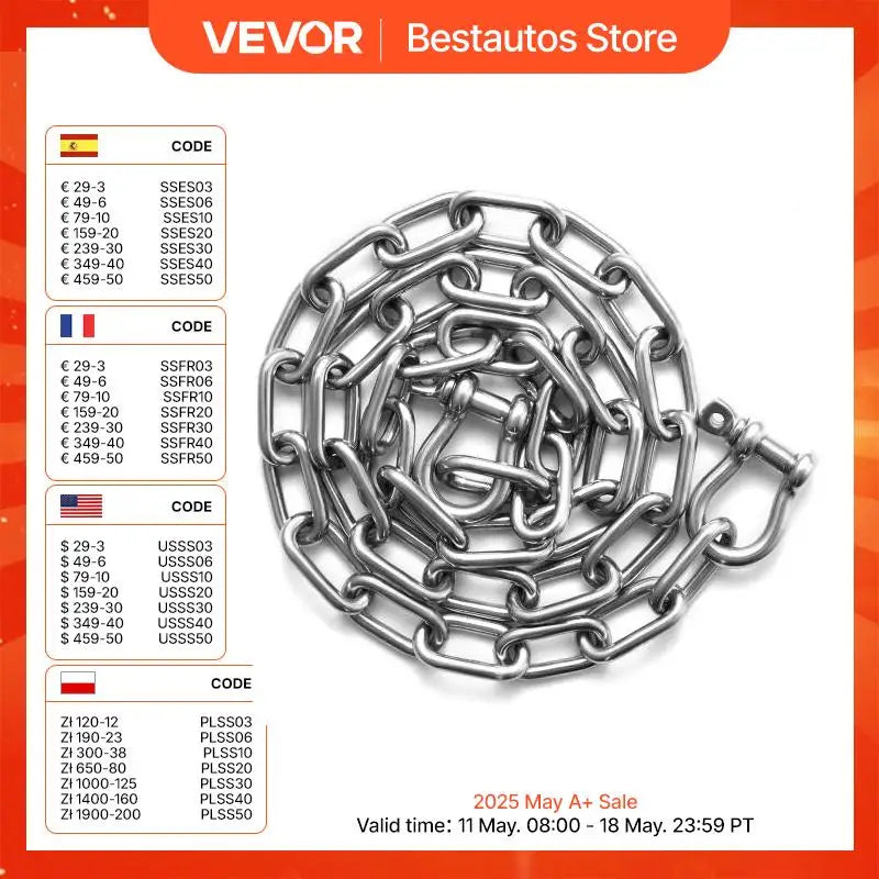 1700 lbs Boat Anchor Chain 316 Stainless Steel Marine Grade Anchor Lead Chain with Dual Lock Ring Shackles for Boats Deck