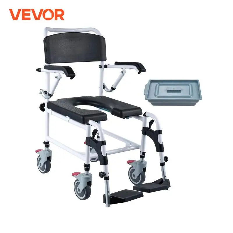 Shower Commode Wheelchair with 4 Lockable Wheels Footrests Flip-up Arms 3-Level Adjustable Height 5L Removable Bucket