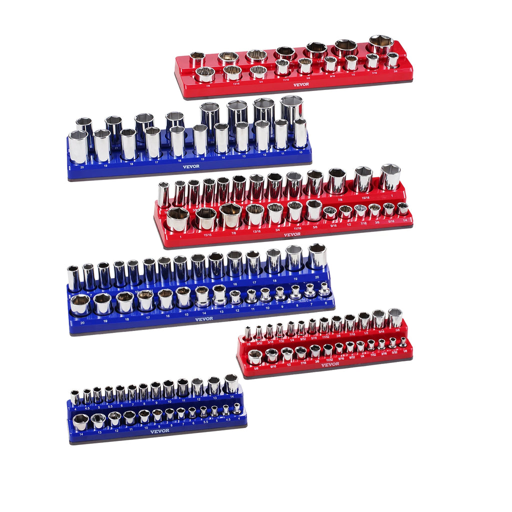 6pcs/8pcs Blue+Red Magnetic Socket Organizer Set 1/4'' 3/8'' 1/2'' Metric SAE Socket Trays with Clear Labels for Tool Box
