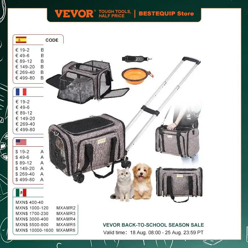 Pet Cat Carrier Breathable Outgoing Dog Carry Backpack with Telescopic Handle Wheels and Shoulder Strap for Travel Trip