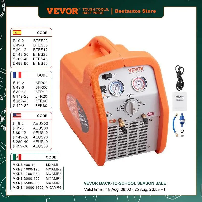 1HP Refrigerant Recovery Machine Dual Cylinder Portable with High Pressure Protection for Refrigerant Car Air Conditioning