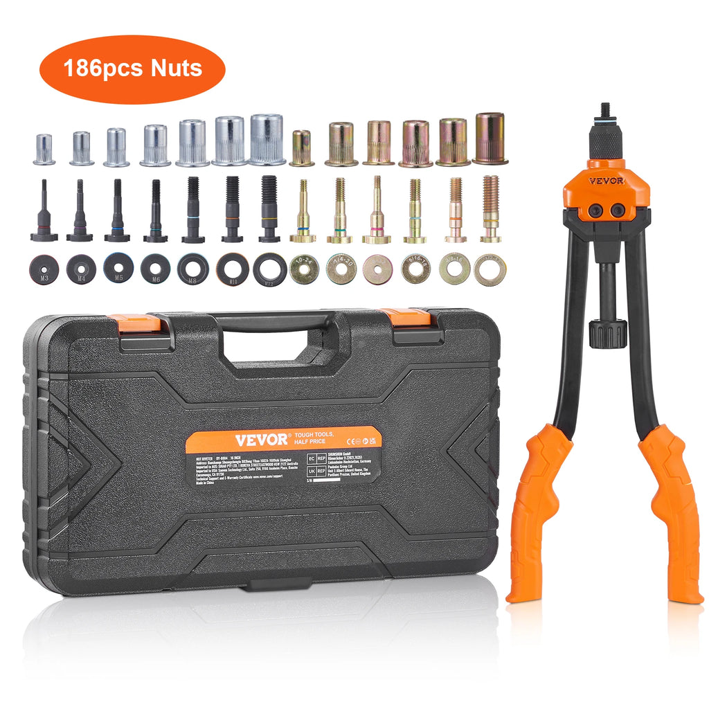 16" Rivet Nut Tool, Labor-Saving Rivnut Tool Kit with 13PCS Metric & SAE Mandrels, 186PCS Rivet Nuts, With Carrying Case