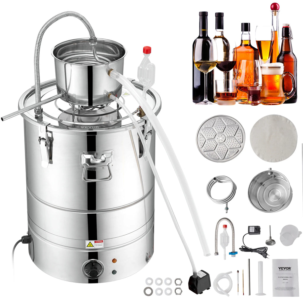 30L Water Alcohol Distiller,Home Distillery Kit include Stainless Steel Tube & Pump & One-way Exhaust Valve & Thermometer