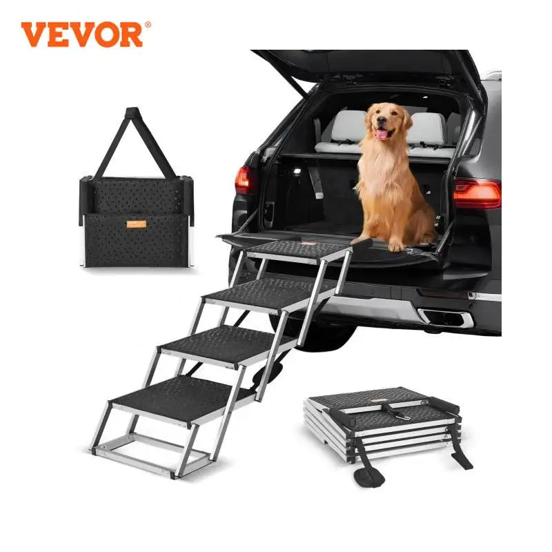 Dog Stair for Cars Wide 4-step Dog Car Steps Folding Portable Pet Steps Lightweight Aluminum for Car SUV and Truck 150 lbs
