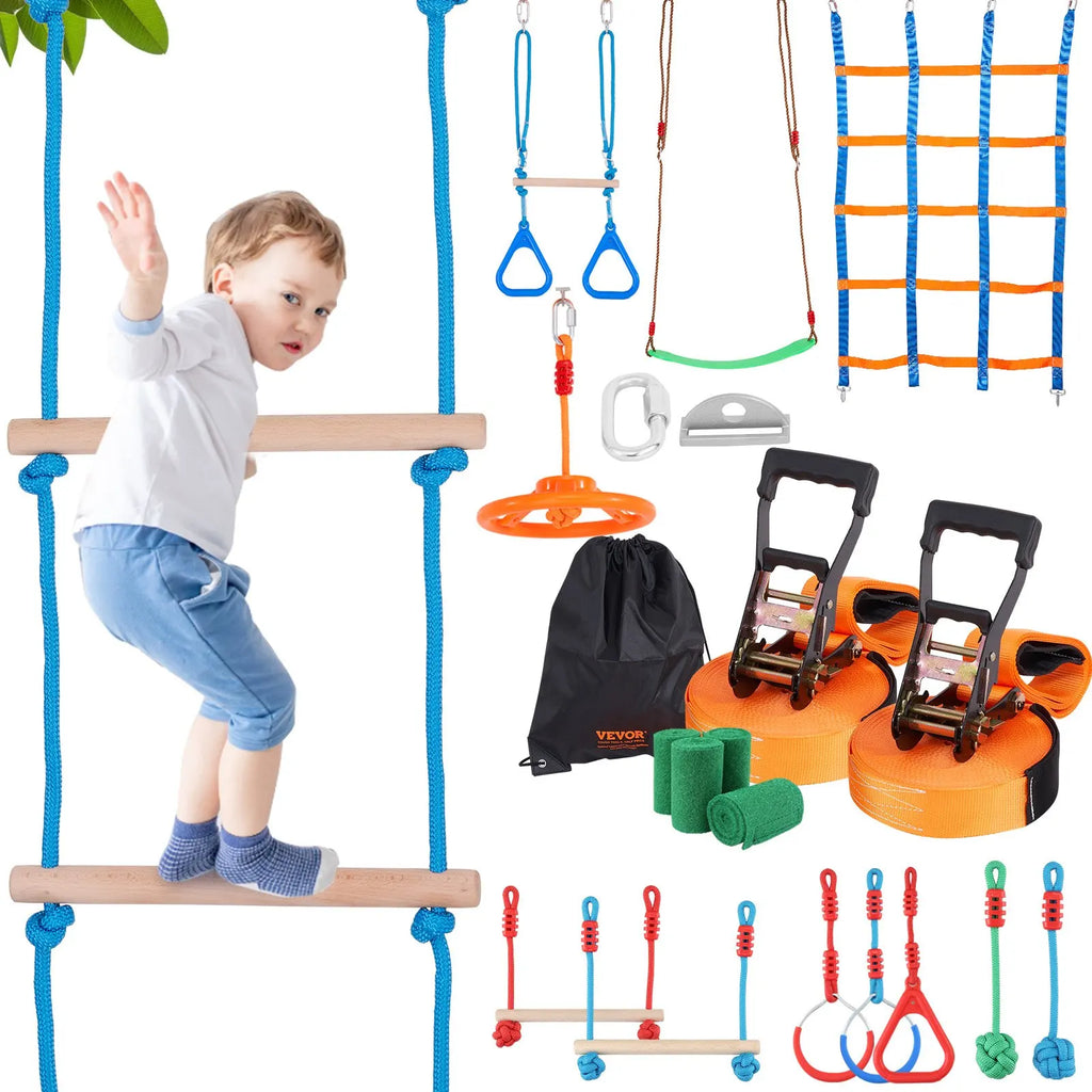 2x50/56/60/65FT Ninja Warrior Obstacle Course for Kids Weatherproof Slacklines 500lbs Weight Outdoor Playset Equipment