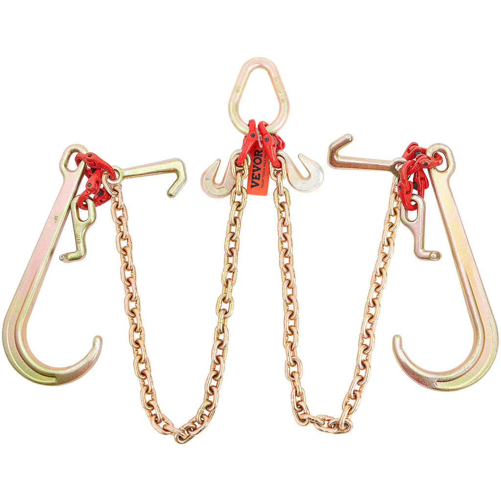 V-Chain Tow Chain Bridle 9620 lbs Working Load Limit 5/16'' x 3' G80 with RTJ Cluster Hooks & D-Shackle for Lifting Moving