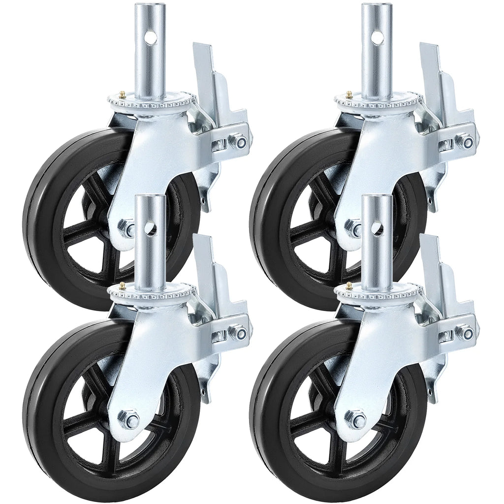 4 Pack 8 x 2 Inch Heavy Duty Scaffolding Rubber Swivel Caster With Dual Locking 1100LBS Capacity Per Wheel 360 Degrees