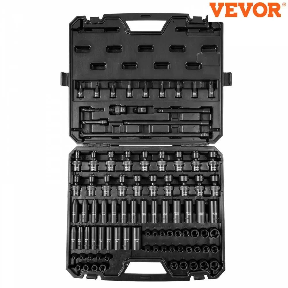 1/2" 3/8" Drive Impact Socket Set 13/23/33/34/48/65/90PCs SAE or Metric Cr-V/Cr-Mo Socket Set 6 Point Alloy Steel Repair