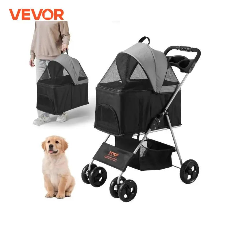 35lbs 4 Wheels Pet Dog Stroller with Brakes Storage Basket Cup Holder Puppy Stroller for Cats Travel Dogs Accessories